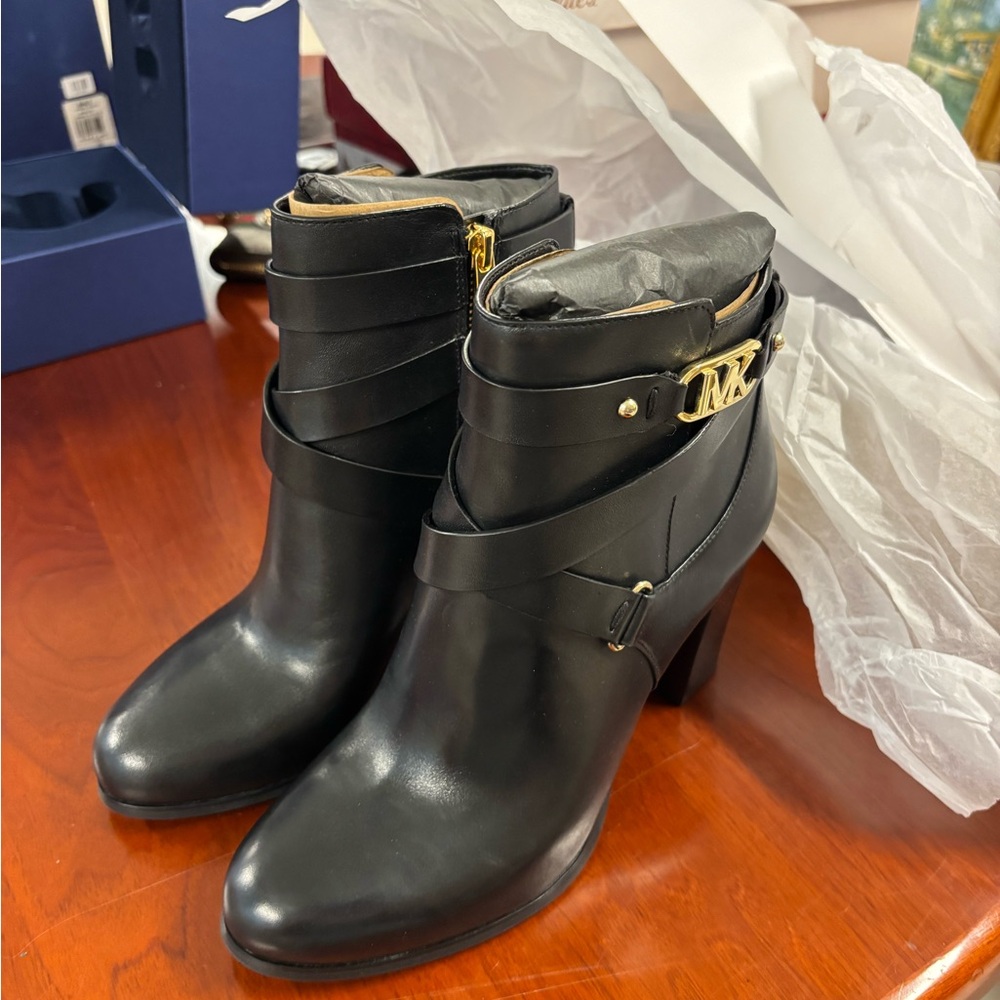 Michael Kors Kincaid Bootie Black and Gold Ankle Booties with Chunky Heel